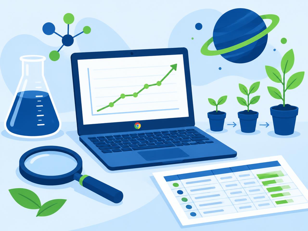 A Chromebook showing a rising growth graph surrounded by science tools and growing plants